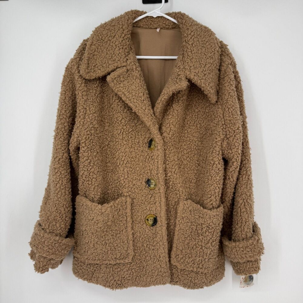 FREE PEOPLE Coat Jacket So Soft Cozy Camel Brown Teddy Sherpa Boho Softgirl Sz L - Picture 4 of 12